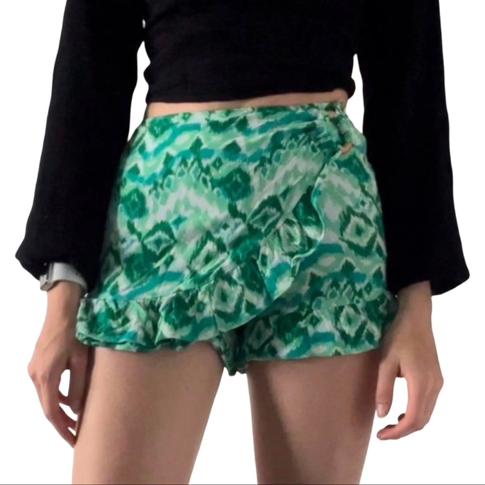 Zara Teal Green & White Printed Wrap Skort with Ruffles